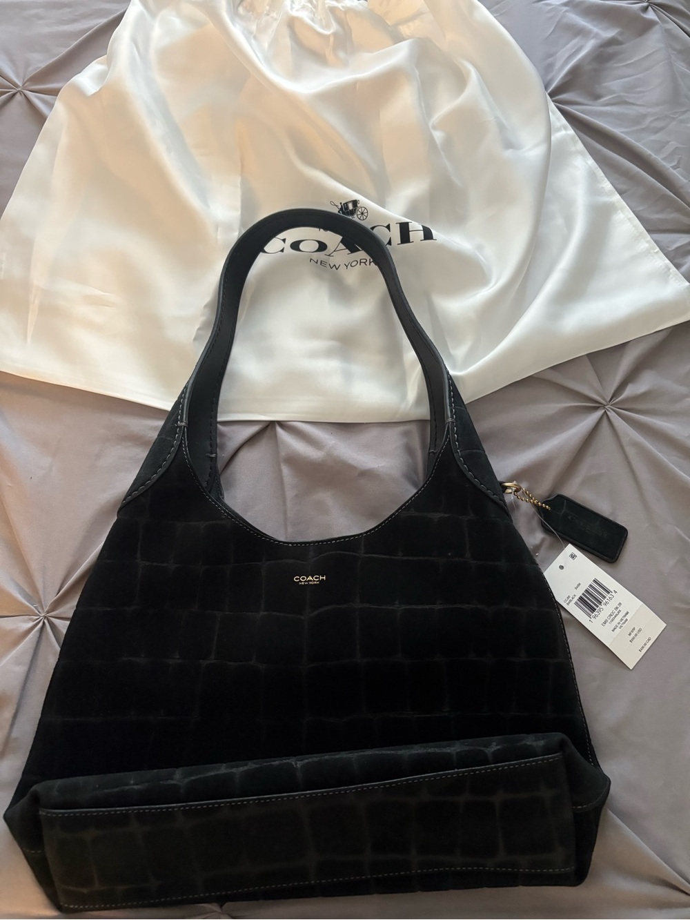 Coach Black Croc-Embossed Suede Hobo Bag 28 - Picture 2 of 5